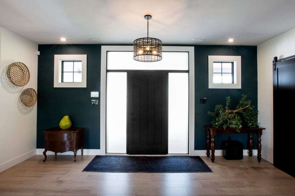 Planked Entrance Door with 2 sidelites and transom with satin deco glass